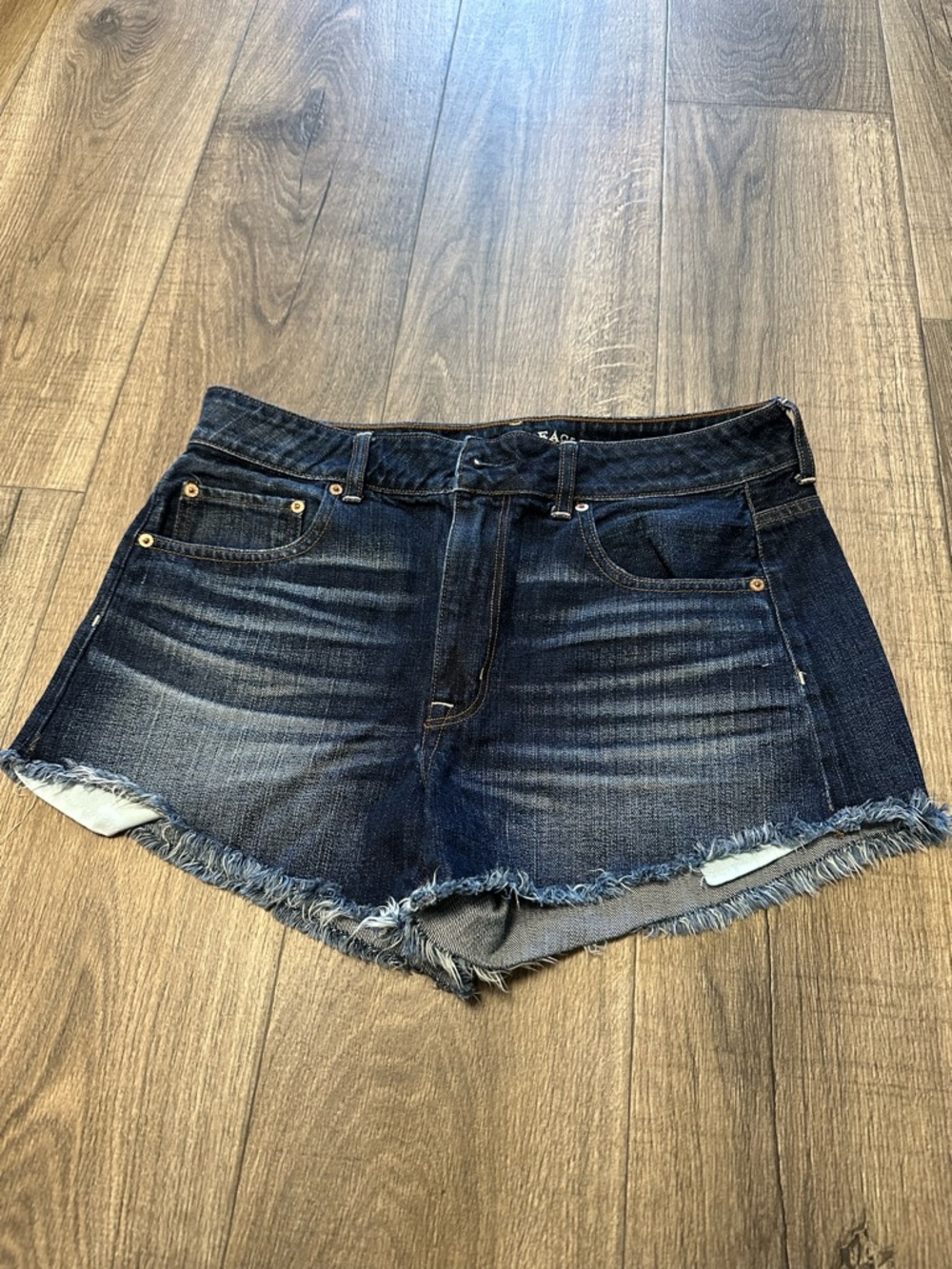 American Eagle Outfitters Dark Blue Frayed Hem High Waist Denim Shorts